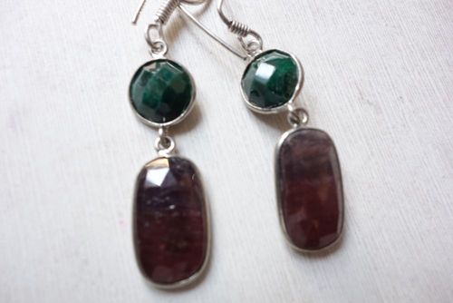 Sapphire Earrings - Sterling Silver Plated, Green & Brown Natural Sapphire with Dichroism Effects