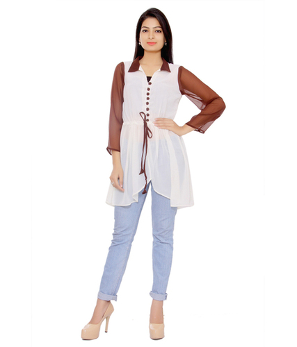 Ladies Top - Cotton, Various Sizes, White with Brown Accents | Lace-Up Closure, Collared Neckline, Asymmetrical Length, Long Sleeves, Stylish Design, Comfortable Fit, Elegant Look, Versatile Style