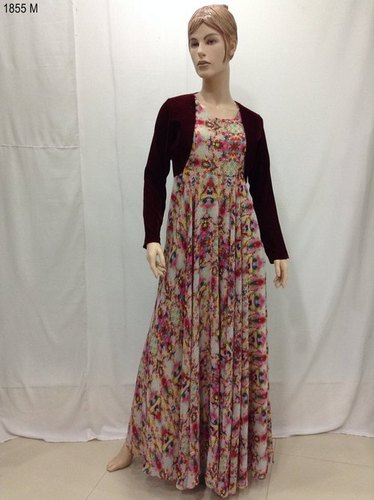 Western Top - Velvet & Chiffon Maxi, Burgundy, Custom Fit | Zipper Closure, Elegant Style, Unique Patterns, Long Sleeve
