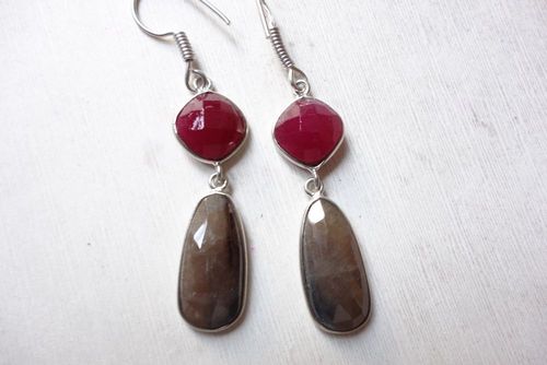Sapphire Earrings - Sterling Silver Plated, Round Shape with Red and Brown Natural Stones | Elegant Fashion Jewelry Design