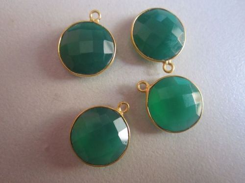 Natural Green Onyx Round Connectors - 18K Gold Plated 15mm Size 1 Loop Design Set of 4 PCS