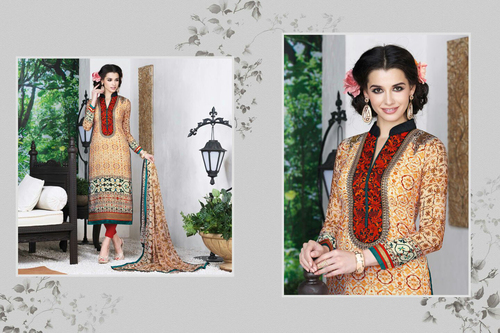 Beige & Red Crape Suit - French Crape Top, Crape Bottom, Georgette Dupatta, Comfortable Elegant Party Wear