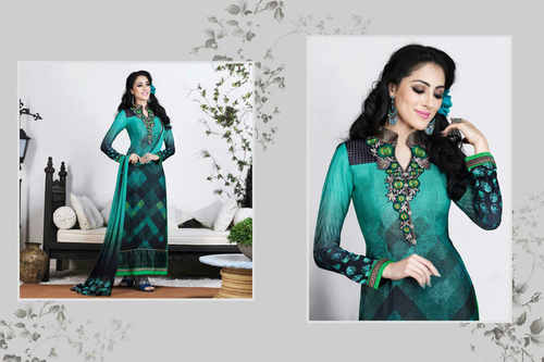 Sea Green & Blackcolor crape suit