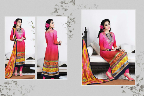 Pink & Multi Color Crape Suit - French Crape Top, Crape Bottom, Georgette Dupatta | Elegant, Comfortable, Party Wear, Traditional