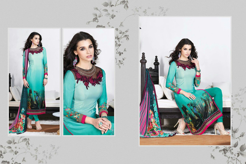 Aqua Blue Crape Suit - French Crape Top, Crape Bottom, Georgette Dupatta | Elegant, Comfortable, Party Wear