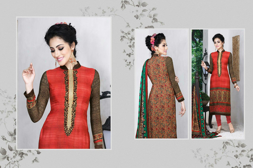 Red & Brown Color Crape Suit - Crape & Georgette Fabric, One Size, Traditional Party Wear