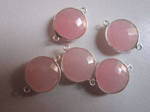Chalcedony - Natural Pink Square Sterling Silver 2 Loop Connectors, 17mm Size, 5 Piece Set