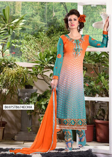 Embriodered Dress Materials - Crystal Brasso Unstitched Suit, Sky Blue, Embroidered, Full Sleeve, Dupatta Included