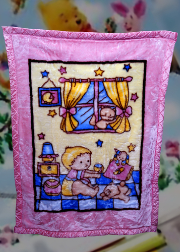 Soft Woolen Two Ply Blanket - Woolen, Single Size, Pink, Cartoon Design, Soft Warm Cozy Baby Blanket