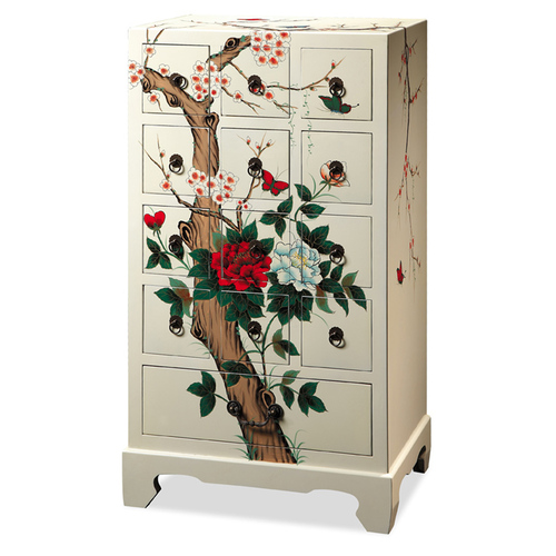 Side Board - Solid Wood, 36x16x36 inches, Off-White | 12 Drawers, Hand-Painted, Asian Style, Durable, Elegant Design