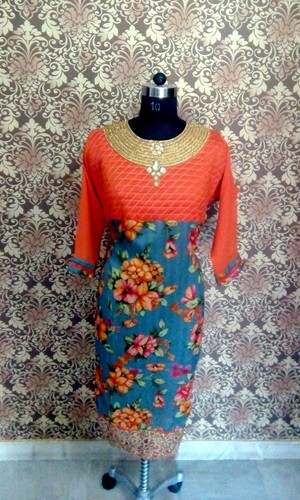 2015-10-03-11-52-30-951 - Cotton Blend, Medium, Orange | Stylish Design, Comfortable Fit, Floral Pattern, Boat Neck, 3/4 Sleeves