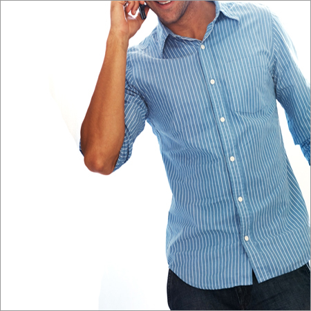 Thin White Strips on Blue Shirting Fabric