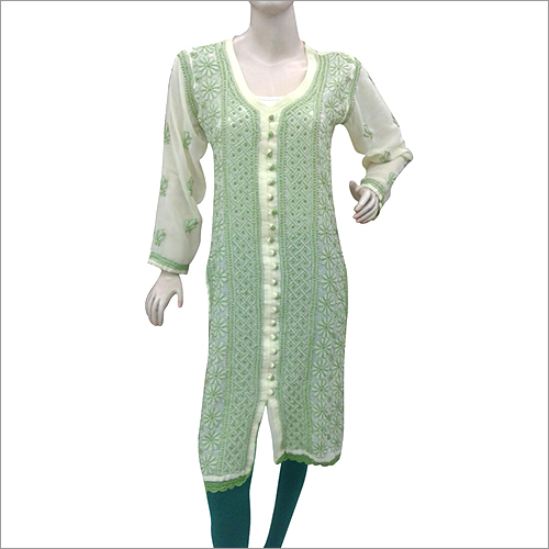 Chikan Kurti - Cotton, Size M-XXL, 44 Inches Length, Light Green | Attractive Pattern, 3/4 Sleeves, Round Neck, Shrink Resistant, Perfect Fit