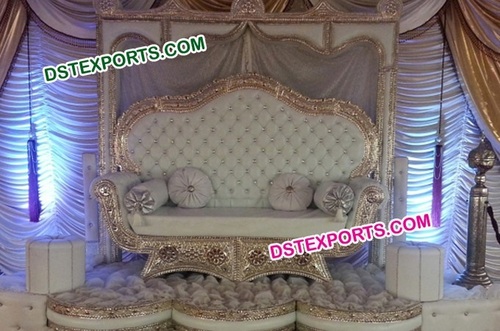 Indian Wedding Royal Maharaja Sofa - Wood, Two Seater, Off-White, Gold Accents | Hand-Carved, Elegant, Durable, Luxurious Comfort