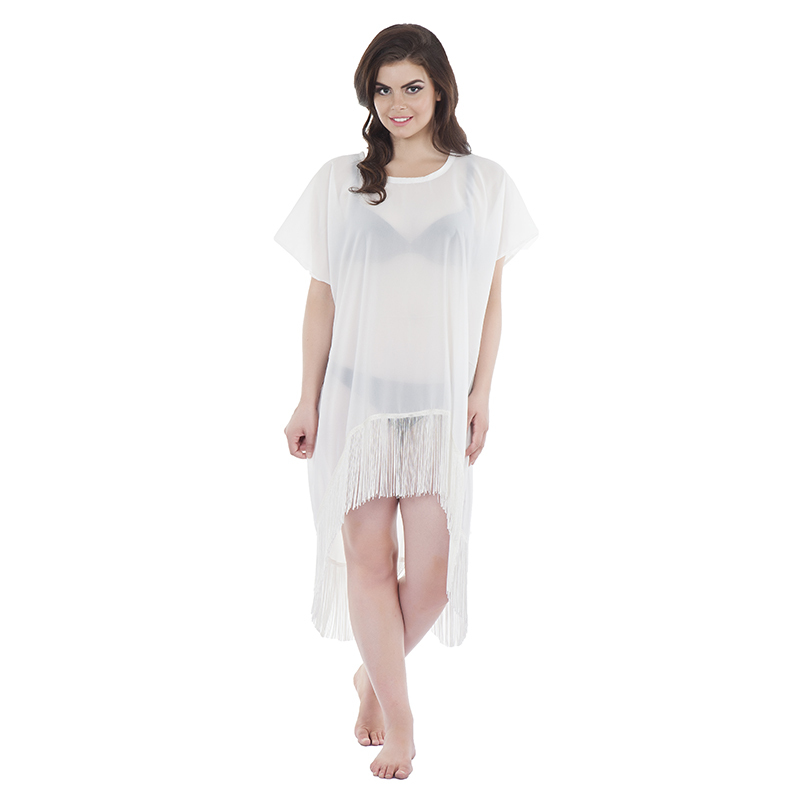 Kaftan Style 2 Asymmetric in Chiffon White - One Size, Tassel Accents, Lightweight, Maxi Length