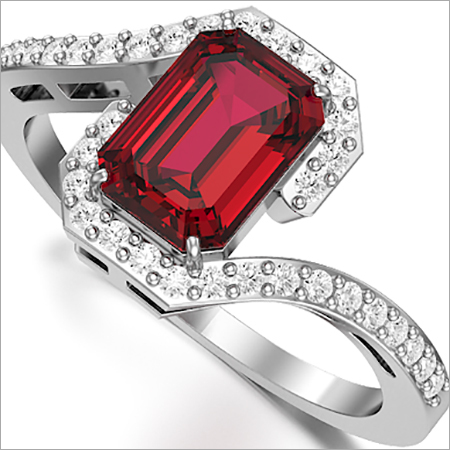 18K WHITE GOLD RING WITH EMERALD CUT RUBY &DIAMOND