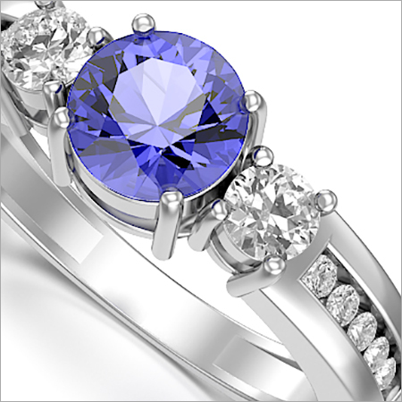 18K WHITE GOLD RING WITH ROUND TANZANITE & DIAMOND