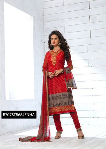 Exclusive Designer Dress Material - Soft Crape, Red, Full Sleeve, Unstitched Suit With Embroidered Work, Dupatta Included