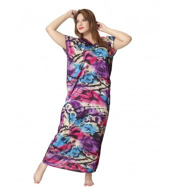 Hot N Sweet Kaftan One Piece Nighty - Cotton Blend, Mixed Color, Printed Pattern, Short Sleeves | Stylish Nightgown for Women