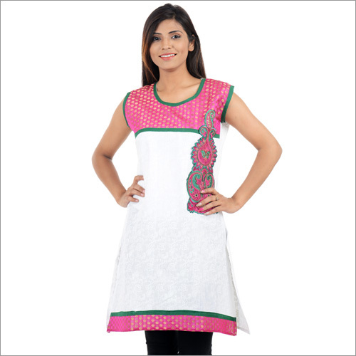 Kurti Design - Cotton Silk, S-XXL, White | Floral Embroidery, Elegant Sleeveless, Round Neck, Knee-Length