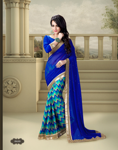 Parvati 6410 - Pashmina Bhagalpuri Saree Medium Blue, Half and Half Design, Sequin Coding Border, Ready Lace