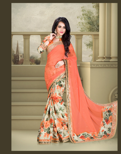 Parvati 6414 - Pashmina Jacquard Coral Saree, Bhagalpuri Blouse, Sequins & Moti Lace Border, Floral Print | Elegant Design, Georgette Pallu