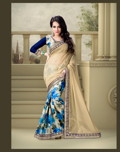Parvati 6416 - Bhagalpuri and Georgette Saree, Coral and Beige, Broket Blouse | Floral Print, Sequins and Zari Handwork Border, Elegant Half and Half Design