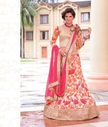 Parvati 1404 - Brocket Silk Blouse, Chiffon Deep Pink Dupatta, Silk Print Light Coral Lehenga | Floral Print, Cutwork, Heavy Stonework