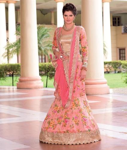 Parvati 1406 - Silk Print Bhagalpuri Lehenga, Brocket Silk Blouse, Net Dupatta, Hot Pink Beige | Zari Embroidery, 3/4th Sleeves, Floral Print, A-line Style