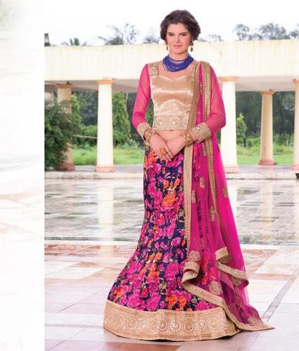 Parvati 1407 - Brocket Net Blouse, Silk Print Bhagalpuri Lehenga, Net Dupatta, Fuchsia Beige Violet | Zari Stone Moti Embroidery, 3/4th Net Sleeves, A-Line Style