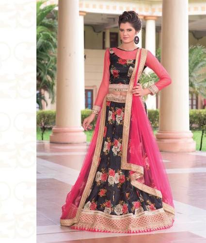 Parvati 1411 - Silk Print Bhagalpuri Lehenga, Black & Deep Pink, Heavy Embroidery | Elegant Design, Comfortable Fit