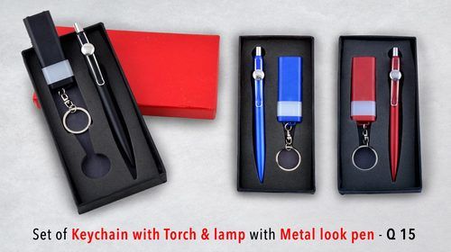 Keychain with Torch & lamp with metal look pen