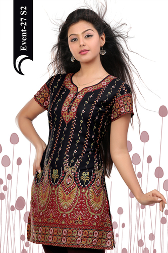 Beautiful Printed Crepe Kurti - Crepe Fabric, Black, Knee Length | Embroidered Body, V-Neck, Short Sleeves, Party Casual Wear