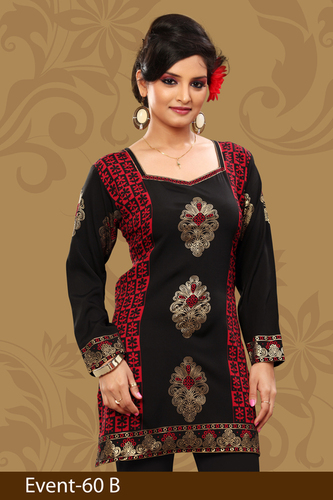 Attractive Printed Crepe Kurti - Crepe Fabric, Black, Square Neckline | Zari Work, Long Sleeve, Comfortable Fit, Versatile Style