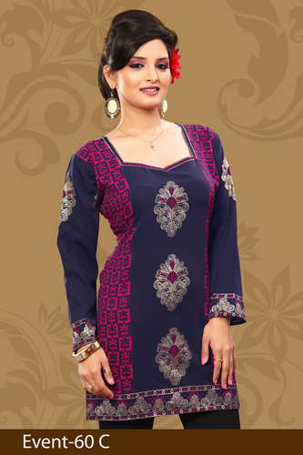 Glamerous Printed Crepe Kurti - Crepe Fabric, Purple, Knee Length | Zari Work, Square Neckline, Long Sleeves, Traditional Look