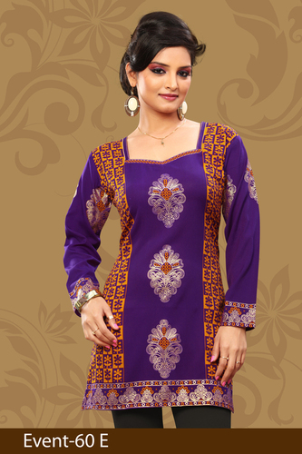 Fashionable Printed Crepe Kurti - Purple Crepe, Knee Length, Square Neck | Zari Work, Stylish Design, Comfortable Fit