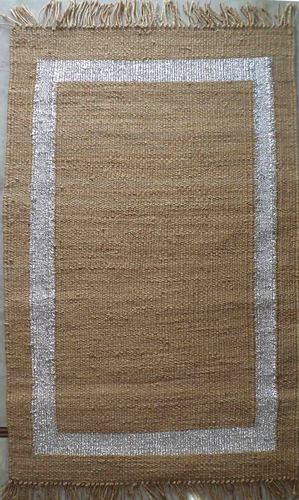 Hemp Metallic Bordered Rugs - Natural Jute & Metallic Yarn, Beige, Handwoven | Durable, Customizable, Indoor Floor Covering