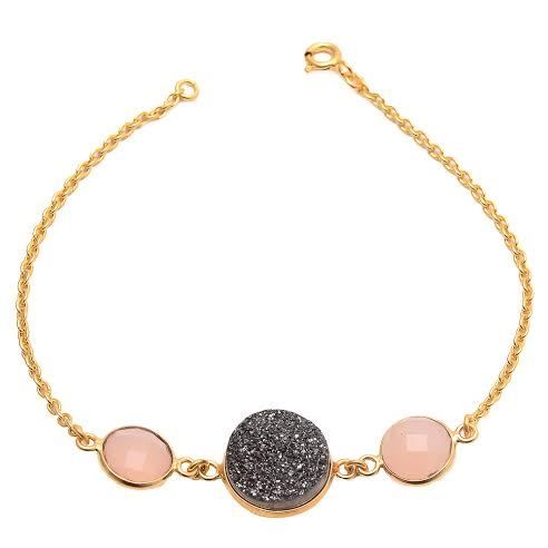 Fashion Pink Chalcedony & Black Druzy Gemstone Bracelete