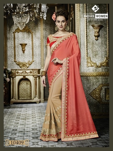 Designer Net Saree - Crepe Chiffon & Raw Silk, 5.50 Mtr, Pink & Beige | Resham & Zardozi Embroidery, Elegant Handcrafted Design