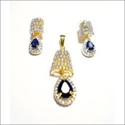 CZ Pendants - Gold-Plated 20x15 mm, 10x8 mm Earrings, Sapphire Accent, Elegant Design