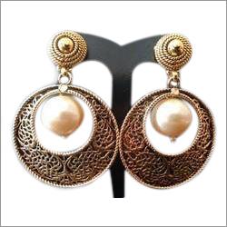 Antique Earring With Pearl - Metal, 20mm Diameter, Gold | Elegant Design, Pearl Accent, Post Closure