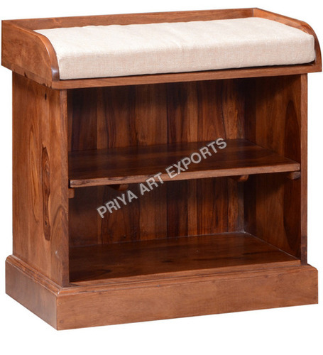 Wooden Shoe Rack - Sheesham Wood, 18x12x16 Inches, Natural Finish | Space Saving, Sturdy Design, Comfortable Fabric Cushion Seat