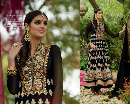 Gripping Black Georgette Anarkali Suit - Sizes 34-46, Resham Embroidery, Diamond & Yoke Work, Chiffon Dupatta