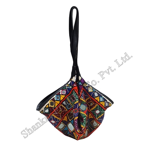 Mirror Work Cotton Potli Bag with Leather Trims By SHANKAR PRODUCE CO. PVT. LTD.