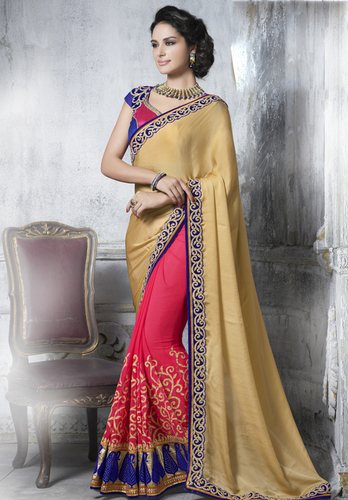 Shapeliness Cream Satin Georgette Saree - Georgette, Cream, 5.5 Meters | Resham, Patch Border, Embroidery Work