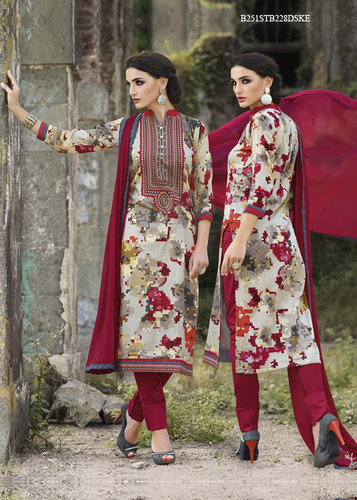 Grey Printed Glace Cotton Semi-Stitched Suit With Dupatta