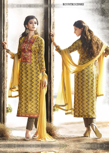 Yellow Printed Glace Cotton Semi-Stitched Suit With Dupatta