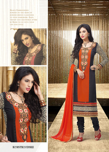 Orange Digital Print With Embroidery Georgette Semi-Stitched Suit With Dupatta