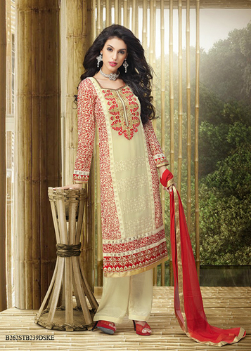 Cream Digital Print With Embroidery Georgette Semi-Stitched Suit With Dupatta