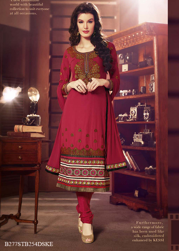 Red Embroidery Cotton Cambric Semi-Stitched Suit With Dupatta